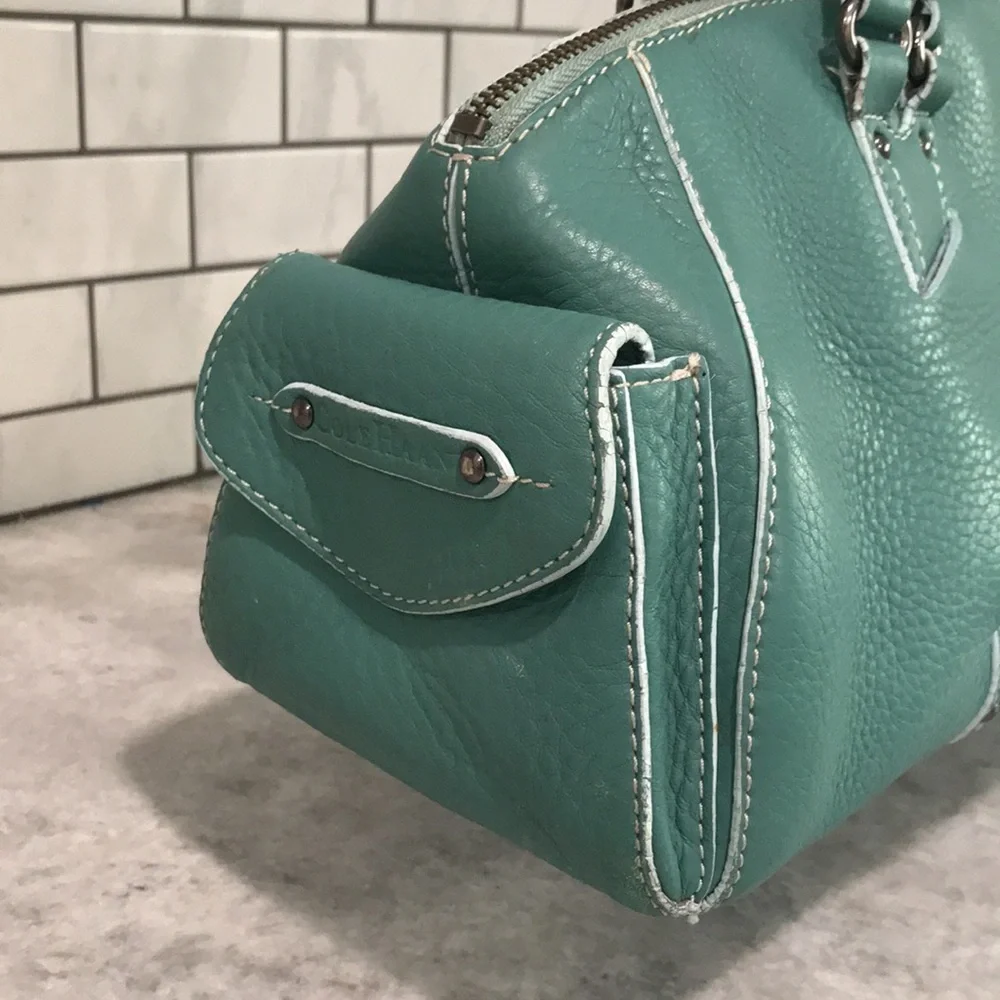 Cole Haan Leather Villager Bag Womens Teal Blue Barrel Satchel Purse - Picture 2 of 10